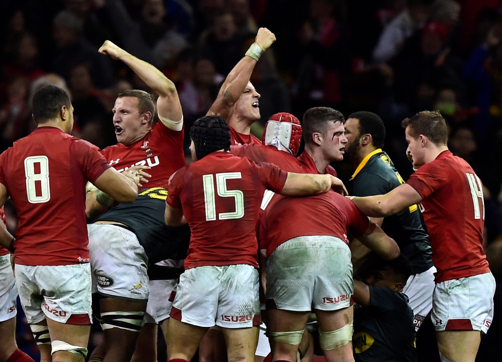 Wales’ Hadleigh Parkes and Aaron Shingler celebrate as the Rugby Union Autumn Internationals match against South Africa finishes at the Principality Stadium, Cardiff, on Saturday. — Reuters