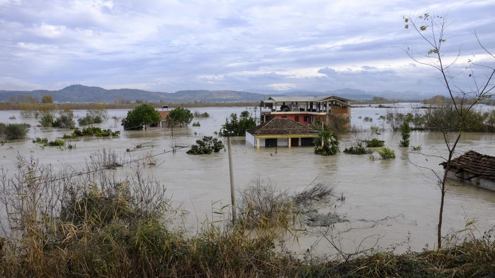 A view of a flooded area at Ferras village at Vlora district, 120 kilometers (75 miles) southwest of the capital Tirana, after non-stop rain caused Vjosa riverbanks to burst in the south of the country, Saturday. — AP