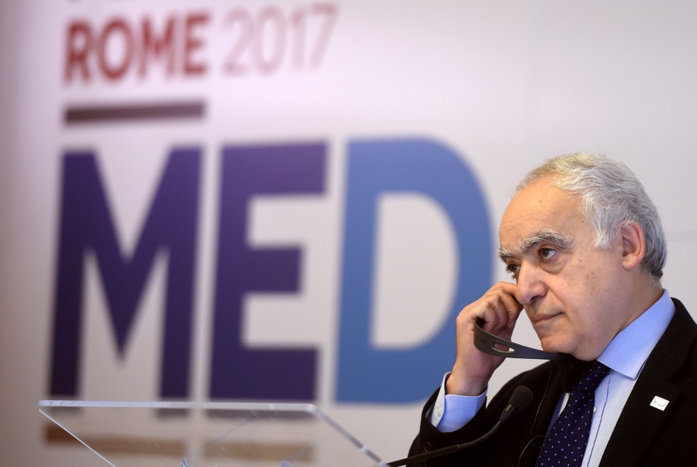 UN Special Representative and Head of the UN Support Mission in Libya (UNSMIL) Ghassan Salame listens during a press conference as part of the summit of foreign ministers of Mediterranean countries Forum MED 2017, in Rome. — AFP
