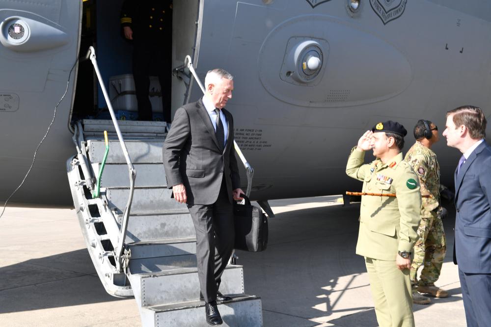 US Defense Secretary Jim Mattis arrives in Islamabad, Pakistan, on Monday. — Reuters