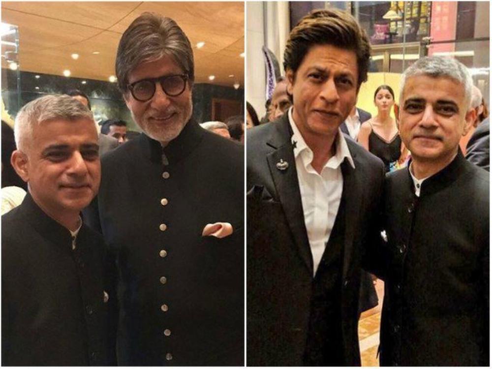 Mayor of London Sadiq Khan is shown posing with actor Amitabh Bachchan, left, and Shahrukh Khan during a party held at Indian billionaire Mukesh Ambani's house in Mumbai on Monday.