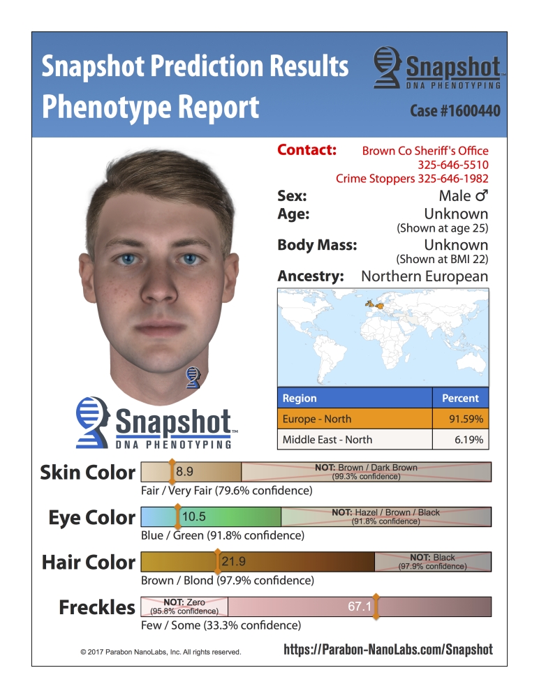 This poster released by Parabon NanoLabs shows a facial sketch made with DNA found at a crime scene in Brown County, Texas, which helped lead police in Texas to a suspect in a woman's May 2016 slaying. Brown County Sheriff's investigators announced in mid-November, 2017, that they had charged Ryan Riggs with capital murder in the beating death of Chantay Blankinship. Riggs confessed a week after the department released a suspect sketch made by analyzing DNA from the crime scene. - AP