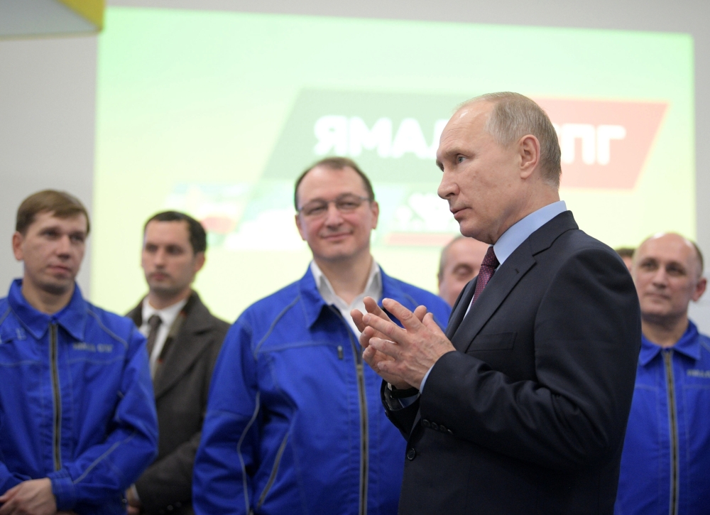 Russian President Vladimir Putin speaks to employees as he visits Liquified Natural Gas plant Yamal LNG in the port of Sabetta on the Yamal peninsula beyond the Arctic circle, in Sabetta, Russia, Friday. Putin launched the $27 billion liquefied natural gas plant in Siberian Arctic as Russia hopes to surpass Qatar to become the world's biggest exporter of the chilled fuel. — AP