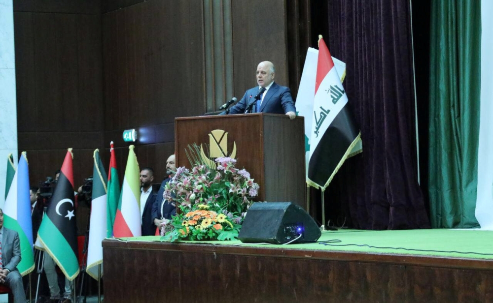 Iraqi Prime Minister Haider Al-Abadi speaks during an Arab media conference in Baghdad on Saturday. — Reuters