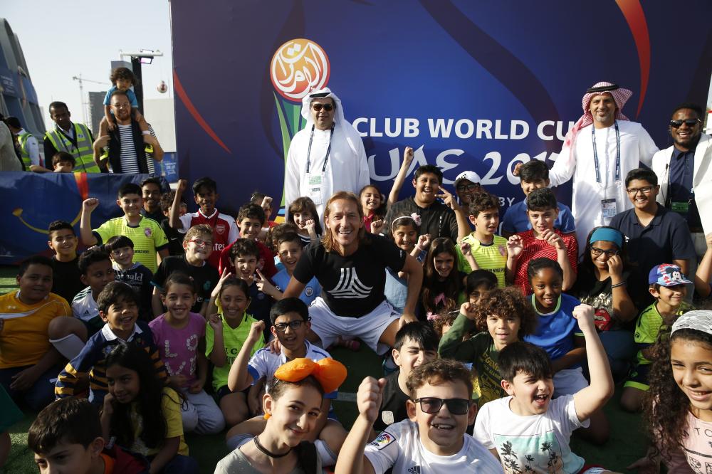 Michel Salgado, Ahmed Al Qubaisi and Talal Al Hashemi with the top performers from the FIFA Club World Cup UAE 2017 Mobile Roadshow at the 'meet & greet' event at Zayed Sports City Stadium on Saturday. — Courtesy photo