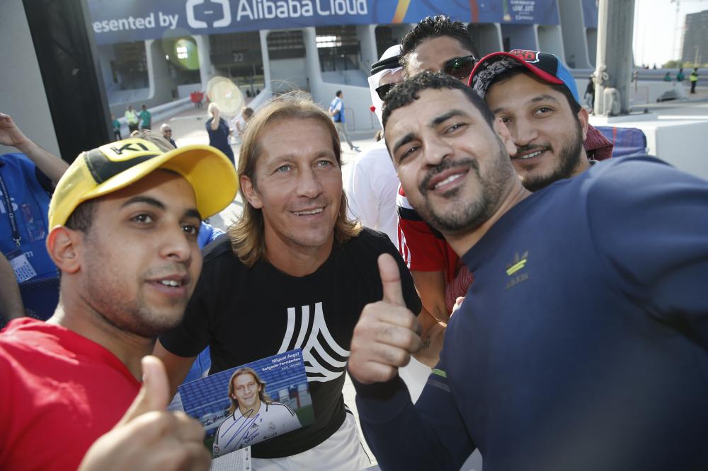 Michel Salgado, Ahmed Al Qubaisi and Talal Al Hashemi with the top performers from the FIFA Club World Cup UAE 2017 Mobile Roadshow at the 'meet & greet' event at Zayed Sports City Stadium on Saturday. — Courtesy photo