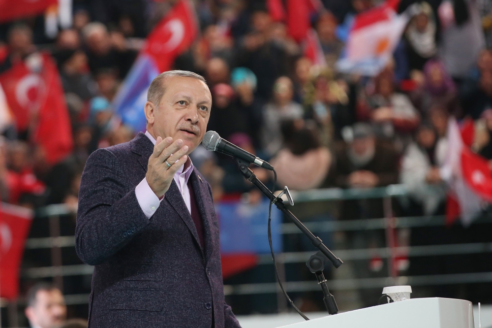 This handout picture taken and released by the Turkish Presidential Press Office shows Turkish President Recep Tayyip Erdogan addressing a rally in Sivas. — AFP