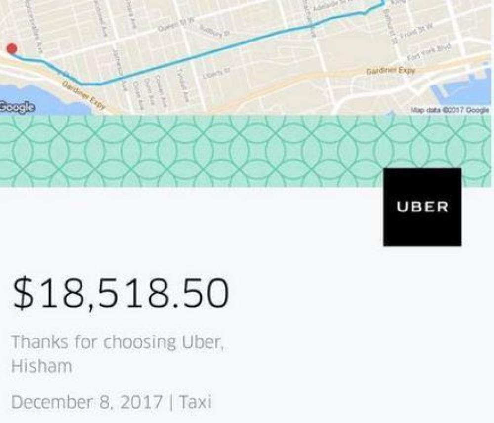 A screenshot of a receipt for an 8-km Uber ride that cost one Toronto resident over $18,000.