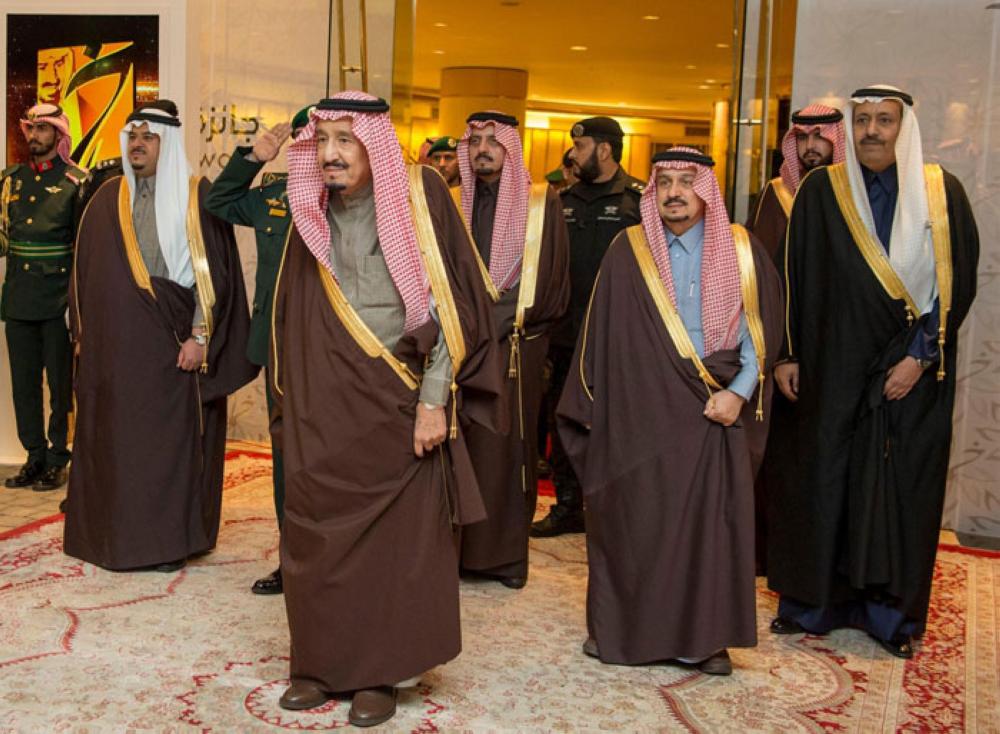 Custodian of the Two Holy Mosques King Salman poses for a group photo with winners of King Khalid Award in Riyadh on Monday evening. — SPA