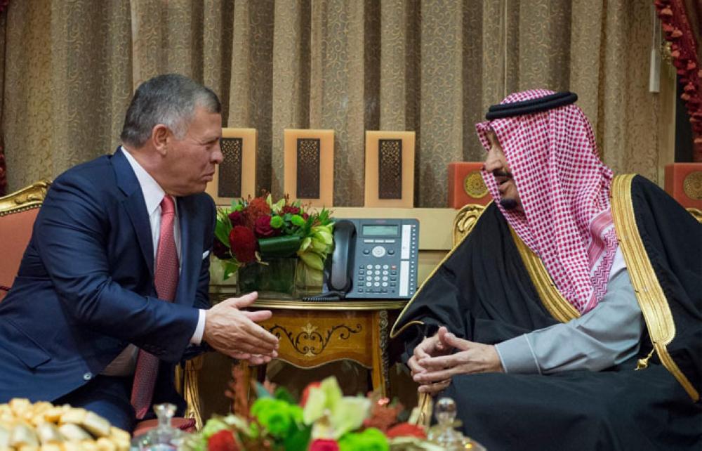 Custodian of the Two Holy Mosques King Salman holds talks with King Abdullah of Jordan at his palace in Riyadh on Tuesday. — SPA