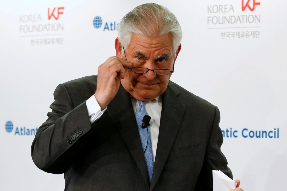 US Secretary of State Rex Tillerson concludes his remarks on the US-Korea relationship during a forum at the Atlantic Council in Washington ob Tuesday. — Reuters