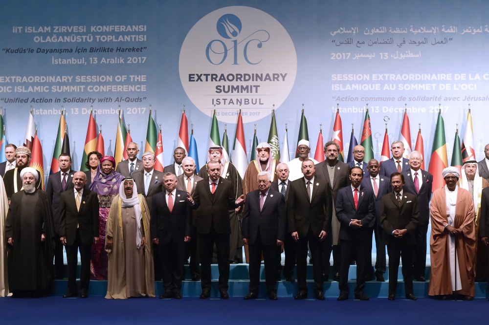 Leaders and representatives of member states pose for a group photo during an Extraordinary Summit of the Organization of Islamic Cooperation (OIC) in Istanbul on Wednesday on last week's US recognition of Jerusalem as Israel's capital. — AFP