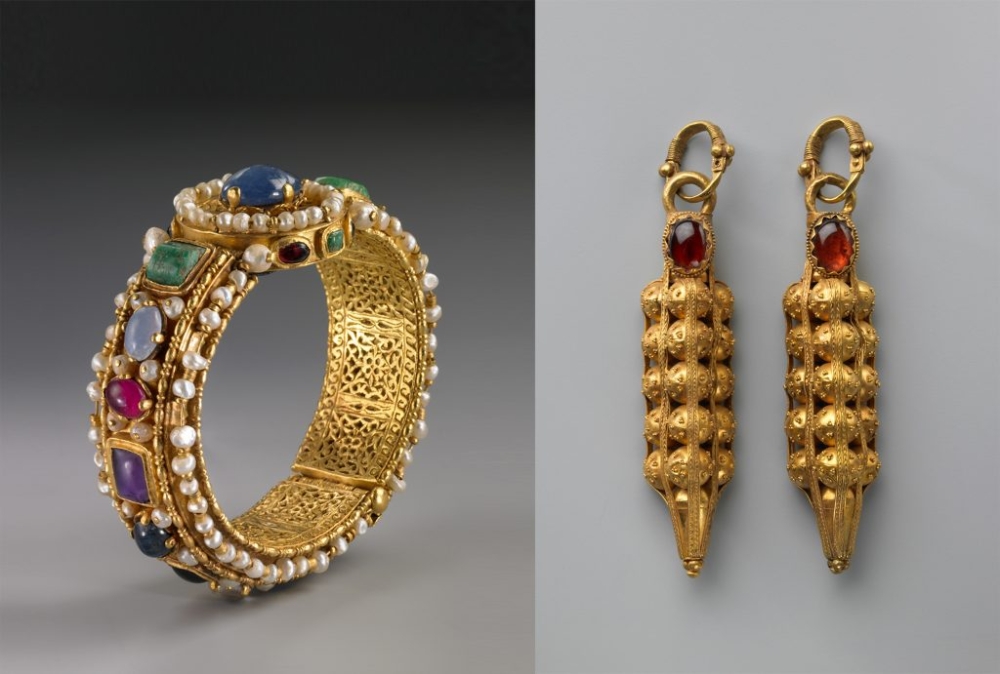Gold openwork bracelet set with gems and pearls, Byzantine, sixth century. Right: Gold earrings with granulation and garnets, Parthian, first century CE. — Bruce M. White/Toledo Museum of Art