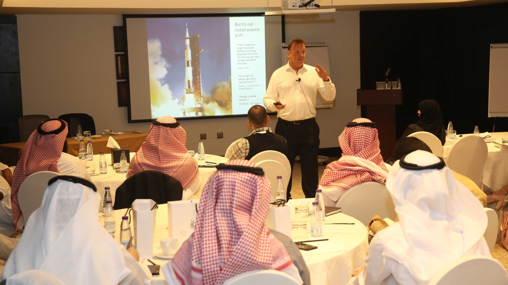 Dr. Simon Stockley, senior faculty in Management Practice, Cambridge Judge Business School, University of Cambridge gives lectures to 45 Saudi entrepreneurs . — Courtesy photo
