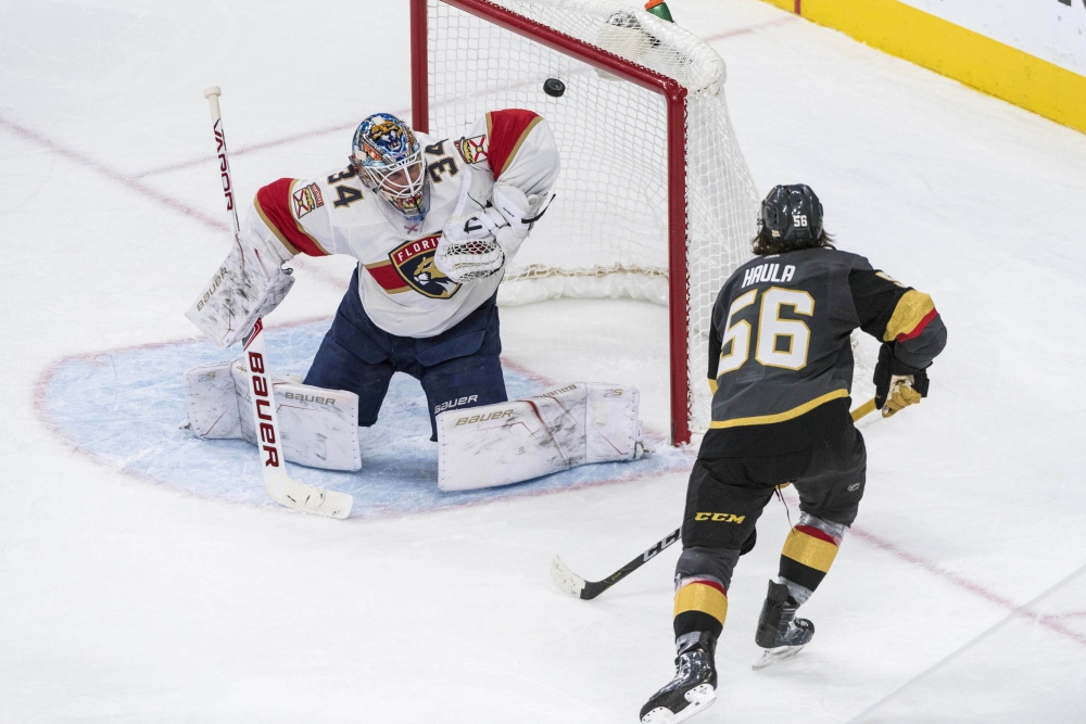 Las Vegas Golden Knights left wing Erik Haula (56) tips the puck past Florida Panthers goalie James Reimer (34) during the third period at T-Mobile Arena. — Reuters