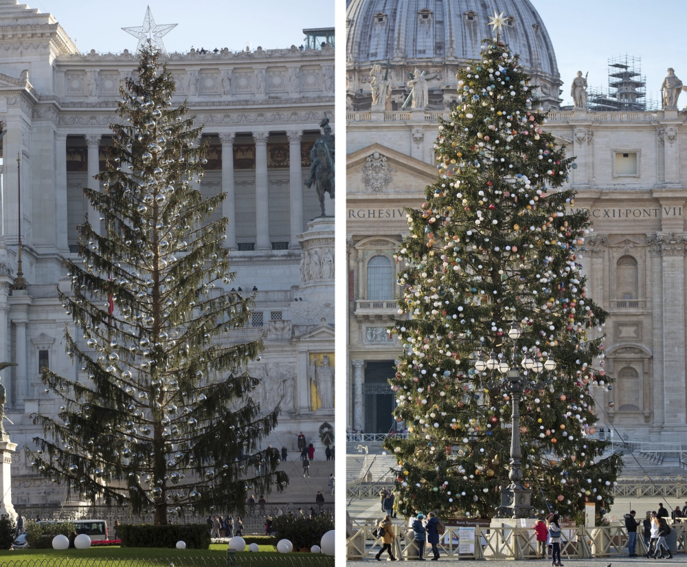 This combo picture taken on Wednesday shows at left Rome's official Christmas tree placed in Piazza Venezia Square and at right the one placed in St. Peters's Square at the Vatican. Despite the tree's 600 silver-colored decorative balls, the half-bare branches lend the square a forlorn rather than festive look and critics note that across town, the Vatican's Christmas tree, from Poland, looks healthy. - AP