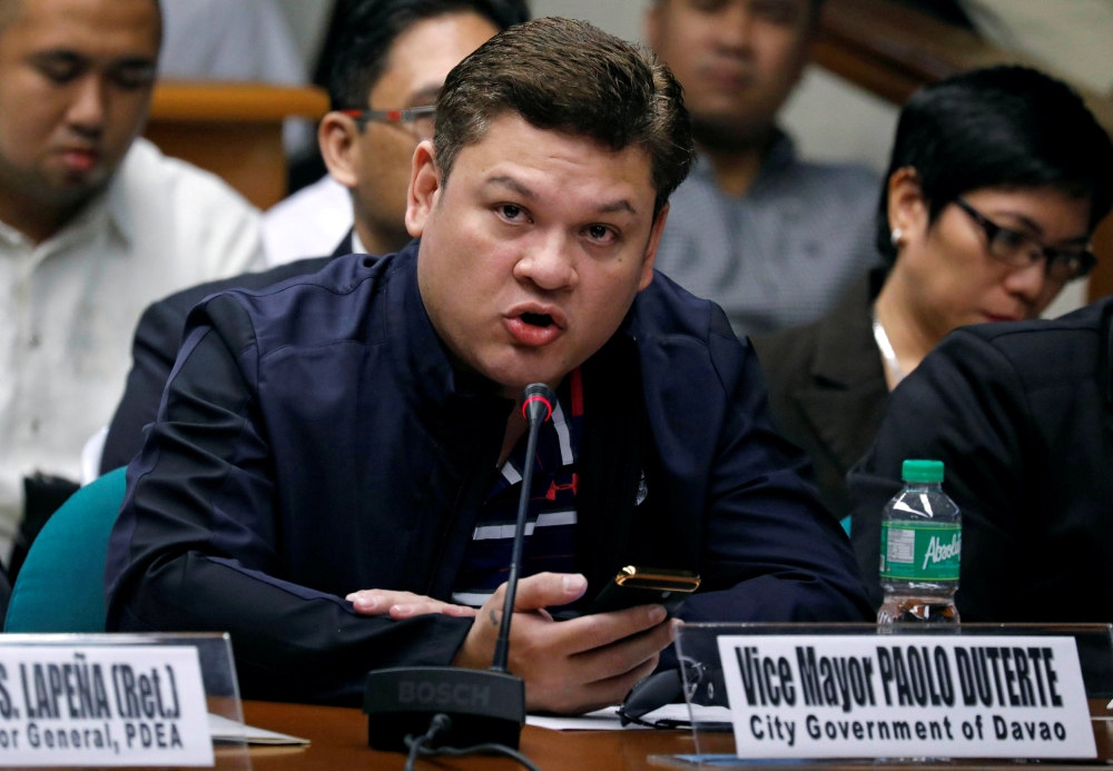 Paolo Duterte, Davao’s Vice Mayor and son of President Rodrigo Duterte, testifies at a Senate hearing on drug smuggling in Pasay, Metro Manila, Philippines, in this Sept. 7, 2017 file photo. — Reuters