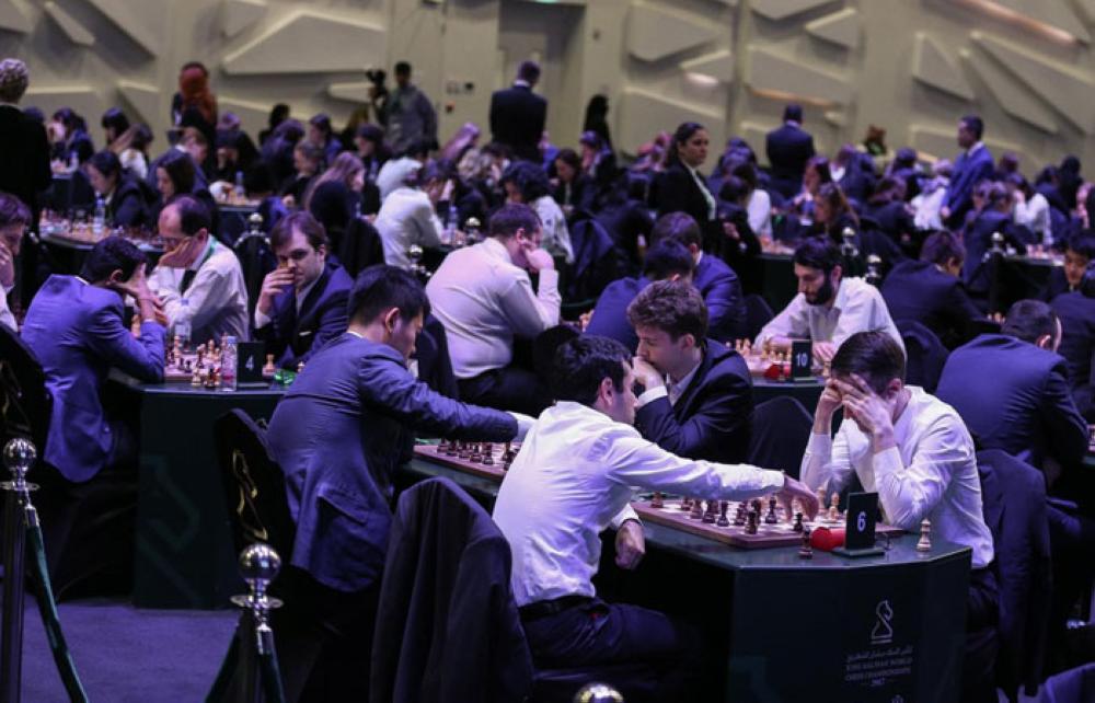 Chairman of the General Sports Authority Turki Al-Asheikh (right) and President of the Asian Chess Federation Sheikh Sultan Bin Khalifa Al-Nahyan play a game of chess after the inauguration ceremony of the King Salman World Rapid and Blitz Championships at the iconic Apex Convention Center in Riyadh on Monday evening. — SPA