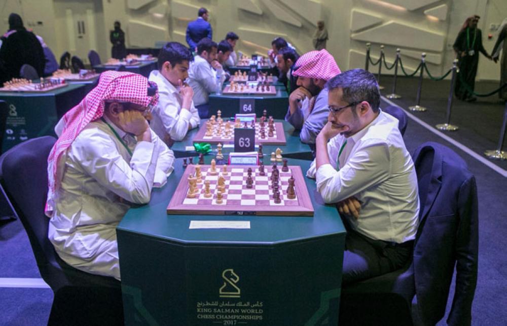 Chairman of the General Sports Authority Turki Al-Asheikh (right) and President of the Asian Chess Federation Sheikh Sultan Bin Khalifa Al-Nahyan play a game of chess after the inauguration ceremony of the King Salman World Rapid and Blitz Championships at the iconic Apex Convention Center in Riyadh on Monday evening. — SPA