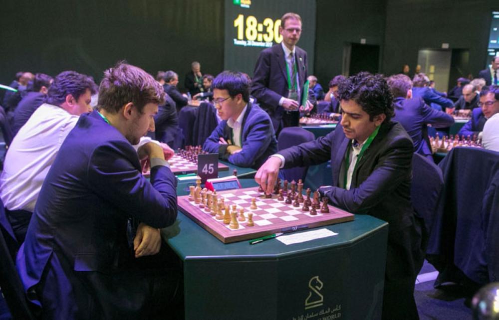 Chairman of the General Sports Authority Turki Al-Asheikh (right) and President of the Asian Chess Federation Sheikh Sultan Bin Khalifa Al-Nahyan play a game of chess after the inauguration ceremony of the King Salman World Rapid and Blitz Championships at the iconic Apex Convention Center in Riyadh on Monday evening. — SPA