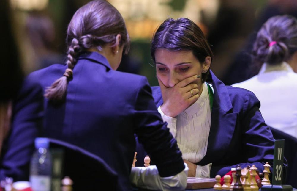 Chairman of the General Sports Authority Turki Al-Asheikh (right) and President of the Asian Chess Federation Sheikh Sultan Bin Khalifa Al-Nahyan play a game of chess after the inauguration ceremony of the King Salman World Rapid and Blitz Championships at the iconic Apex Convention Center in Riyadh on Monday evening. — SPA
