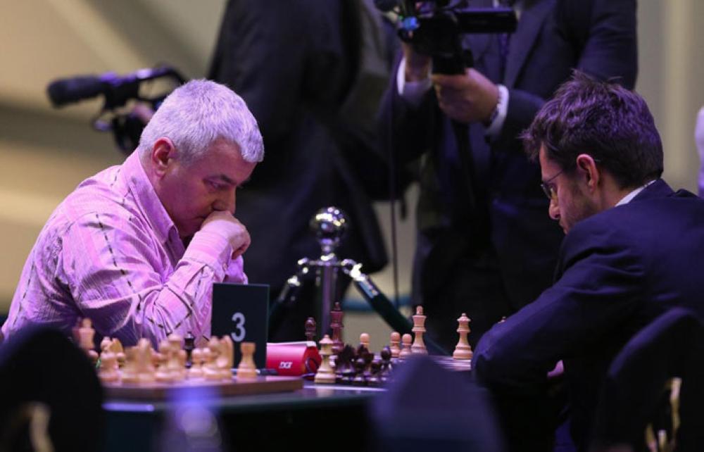 Chairman of the General Sports Authority Turki Al-Asheikh (right) and President of the Asian Chess Federation Sheikh Sultan Bin Khalifa Al-Nahyan play a game of chess after the inauguration ceremony of the King Salman World Rapid and Blitz Championships at the iconic Apex Convention Center in Riyadh on Monday evening. — SPA