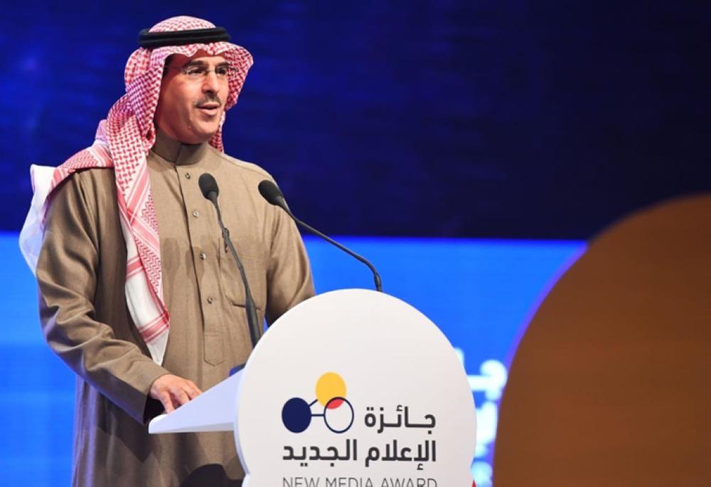 Minister of Culture and Information Awwad Al-Awwad poses for a group photo with winners of the New Media Award at the award distribution ceremony in Riyadh on Thursday. – SPA