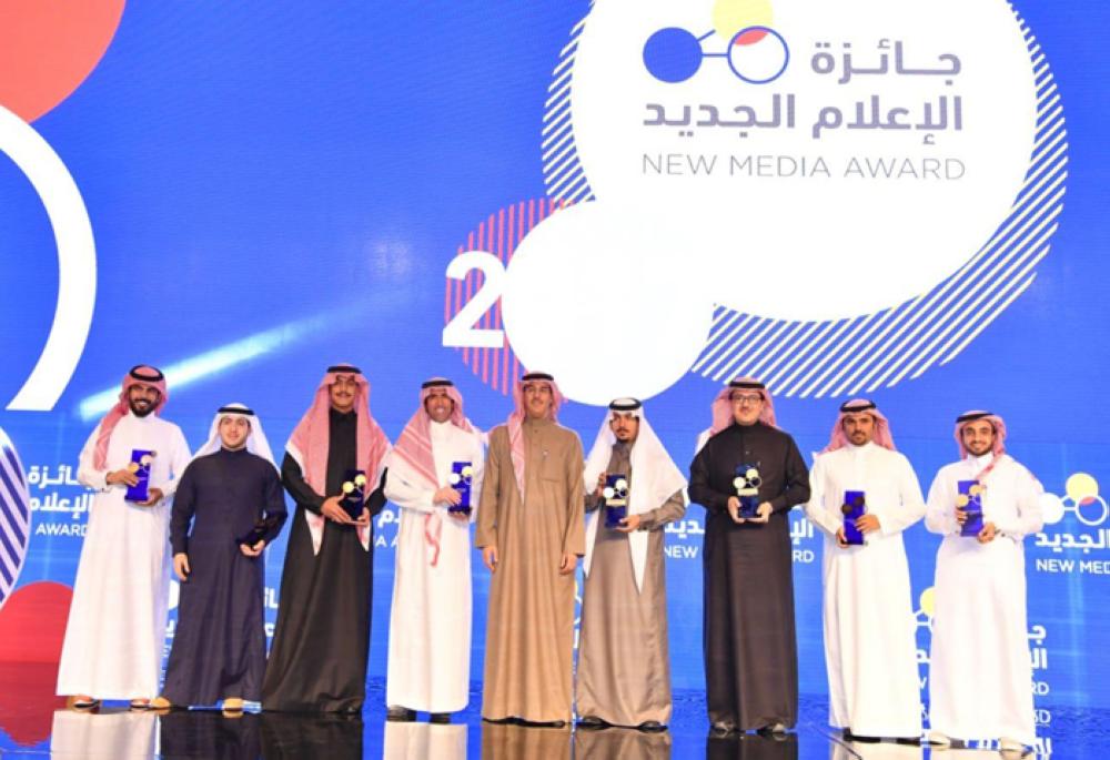 Minister of Culture and Information Awwad Al-Awwad poses for a group photo with winners of the New Media Award at the award distribution ceremony in Riyadh on Thursday. – SPA