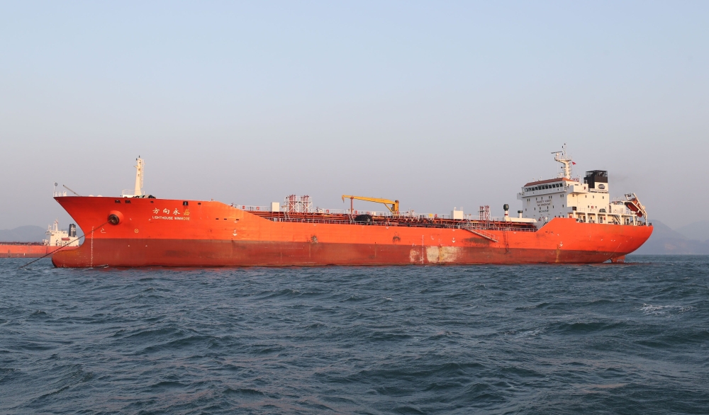 The Lighthouse Winmore, chartered by Taiwanese company Billions Bunker Group Corp., is seen at sea off South Korea’s Yeosu port on Friday. — AFP
