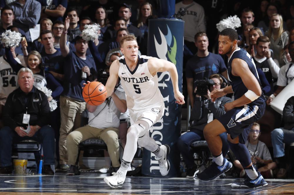 Butler Bulldogs’ guard Paul Jorgensen brings the ball up court against the Villanova Wildcats during their game at Hinkle Fieldhouse in Indianapolis Saturday. — Reuters 