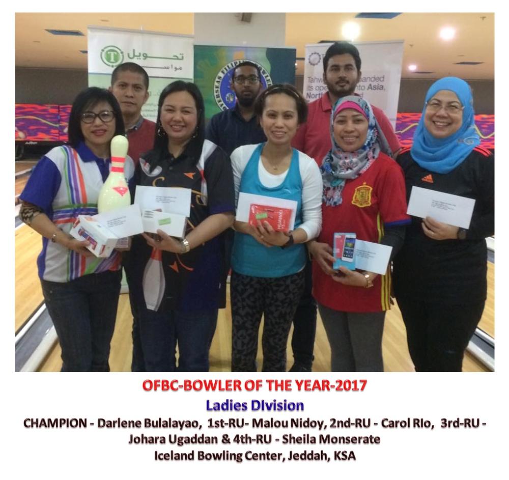 The ladies Bowler of the Year Finals winners with the sponsor representatives. (From L) Darlene Bulalayao, Malou Nidoy, Carol Rio, Johara Palot and Sheila Monserate. 