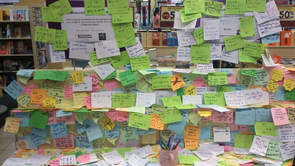 File photo of messages for MH370 at a bookshop in Malaysia.