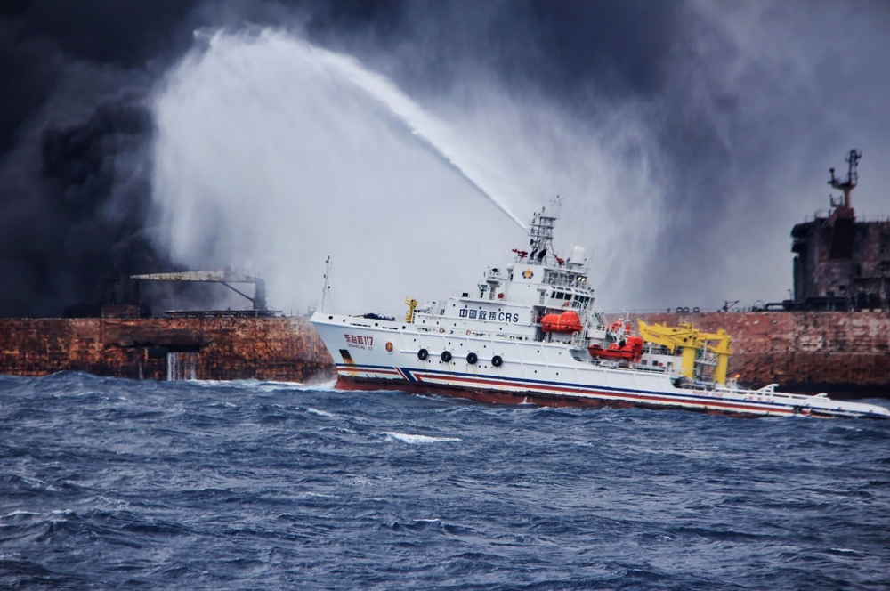 This handout picture taken and released on Friday by the Transport Ministry of China shows the Chinese firefighting vessel 