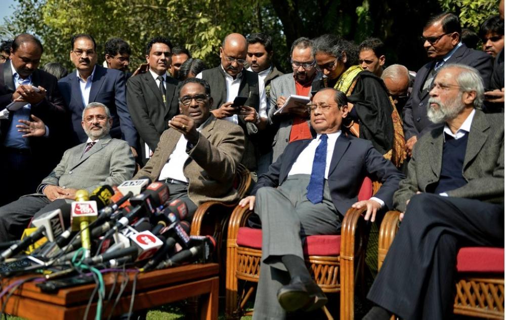FIle Photo (left to right) shows Justices Kurian Joseph, Jasti Chelameswar, Ranjan Gogoi and Madan Lokur addressing the media at a news conference in New Delhi, India, on Friday. — Reuters