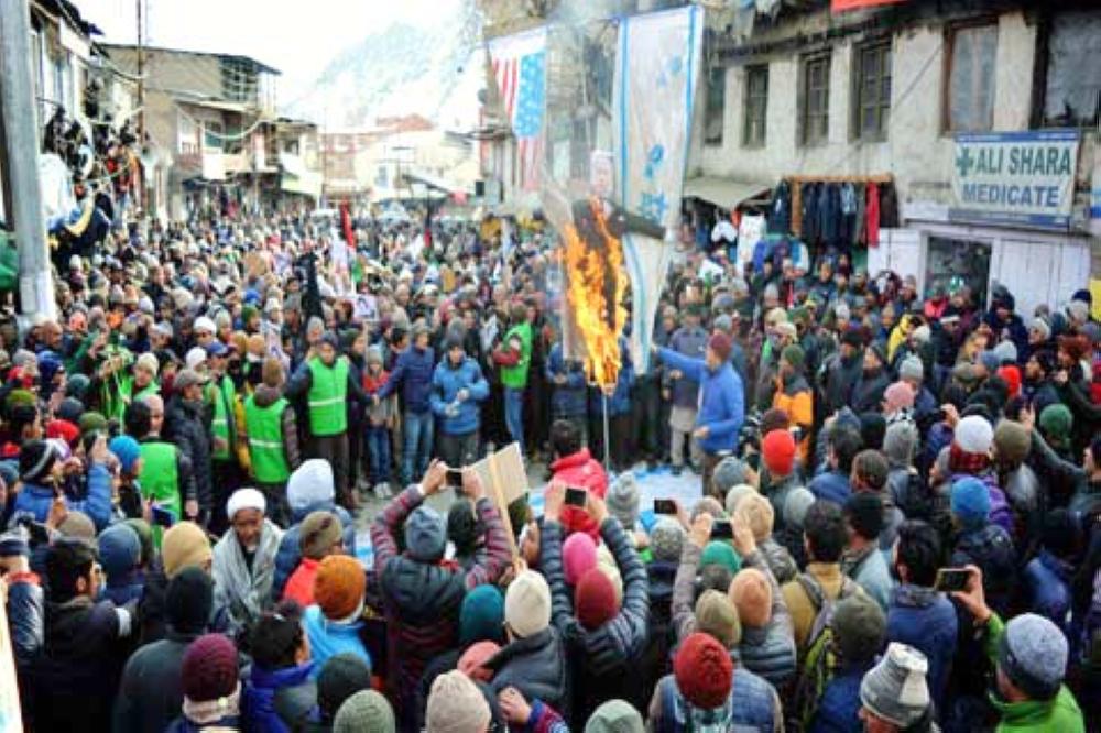Thousands of people took out a march in Kargil on Monday against Israeli premier’s visit to India. — Courtesy photo