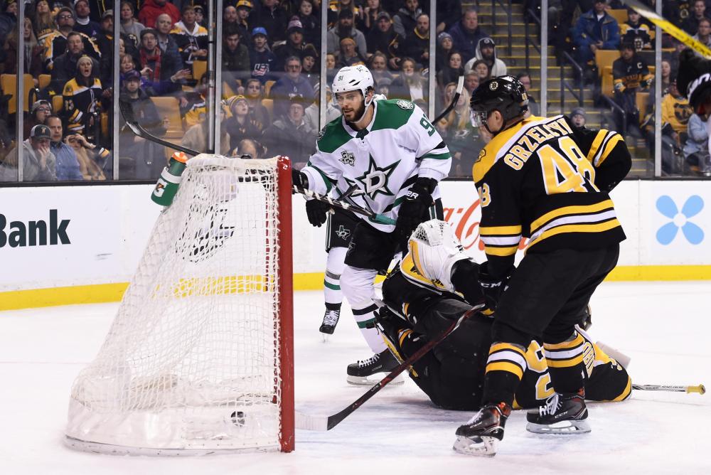 Dallas Stars’ center Tyler Seguin (L) scores the game-winning goal against Boston Bruins during overtime at TD Garden in Boston Monday. — Reuters 