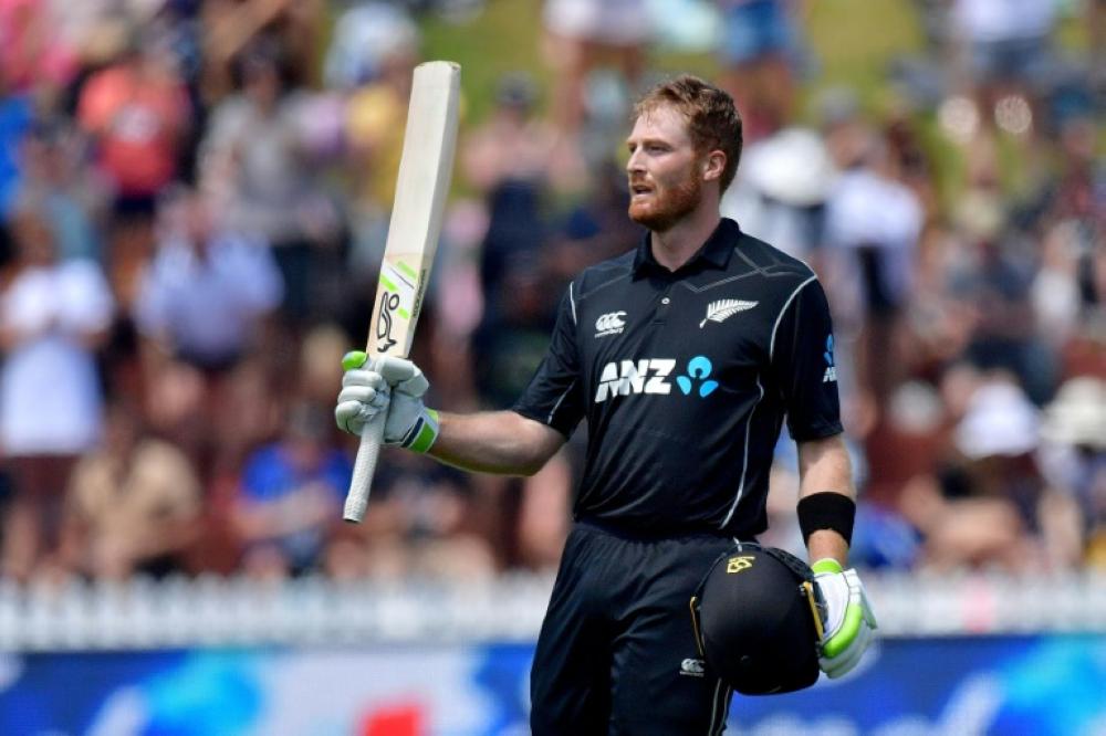 New Zealand’s Martin Guptill celebrates 100 runs during the 5th One-Day International cricket match against Pakistan at the Basin Reserve in Wellington — AFP