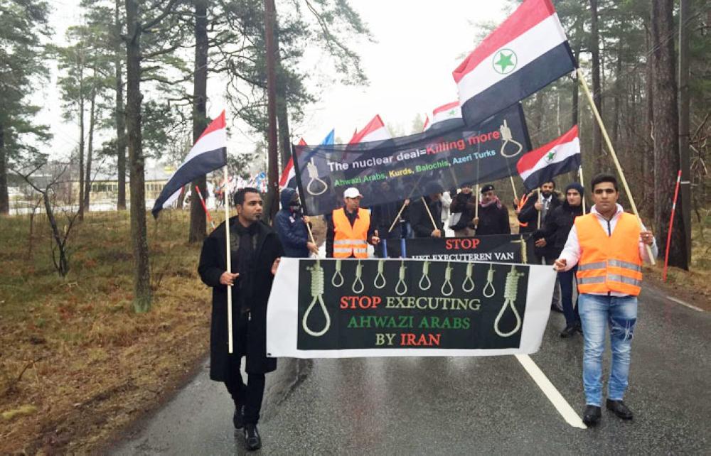 Members of the Arab Struggle Movement for the Liberation of Ahwaz march in front of the Iranian embassy in the Swedish capital of Stockholm. They were protesting against growing Iranian aggression against the Arab people of Ahwaz. — File photo 