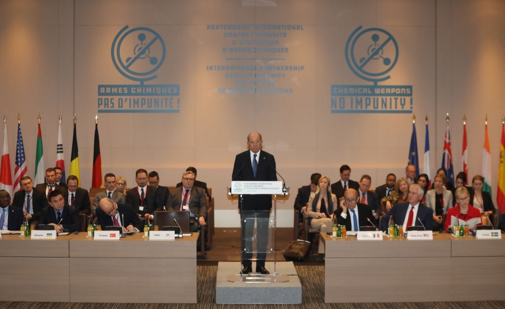 Ahmet Uzumcu, director general of the Organisation for the Prohibition of Chemical Weapons (OPCW) speaks during a meeting of 29 diplomats pushing for sanctions and criminal charges against the perpetrators of chemical attacks in Syria, at the Foreign Affairs ministry in Paris on Tuesday. — AFP