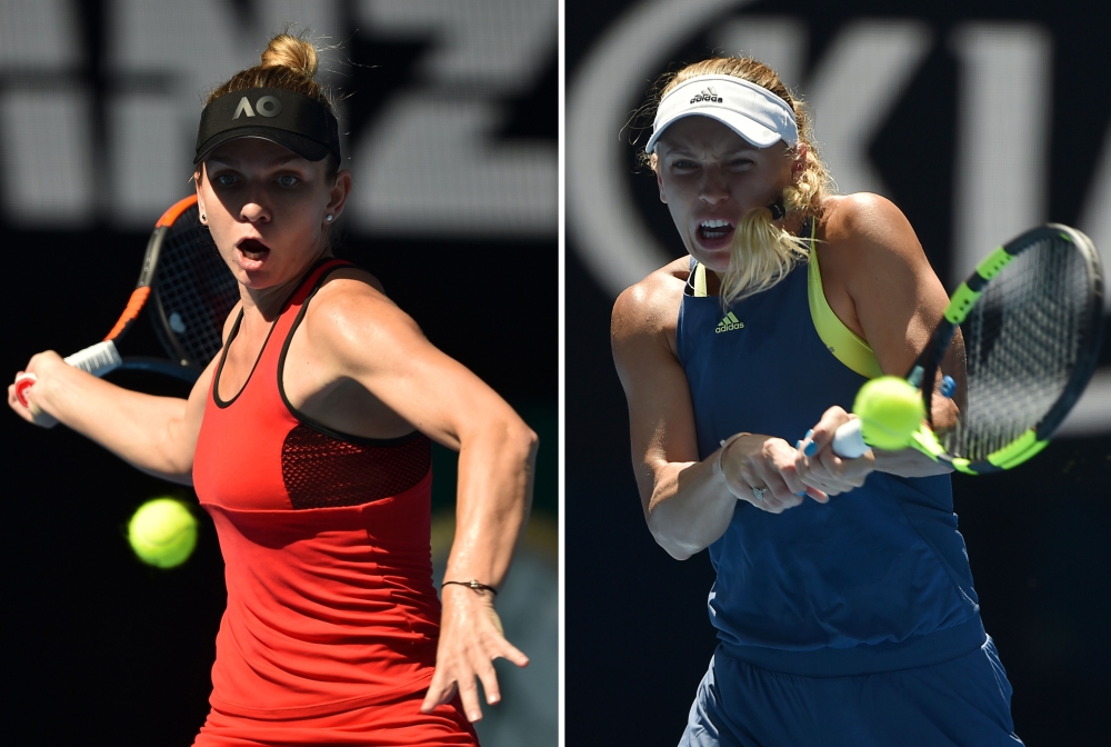 This combination photo shows Romania's Simona Halep (left) as she hits a return against Germany's Angelique Kerber during their women's singles semifinals match of the Australian Open in Melbourne on (right) shows Denmark's Caroline Wozniacki as she hits a return against Belgium's Elise Mertens on Thursday. — AFP