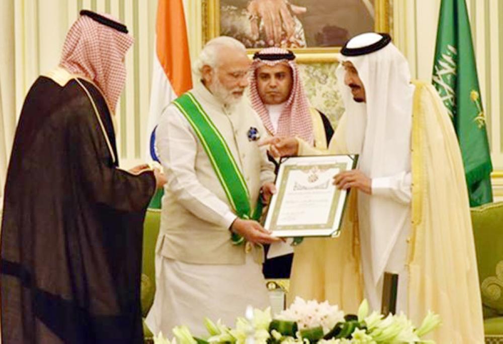Prime Minister Narendra Modi was presented the award by Custodian of the Two Holy Mosques King Salman at the Royal Court on the night before his scheduled departure to New Delhi following his visit in 2017.