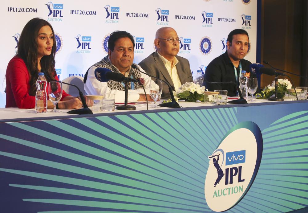 (From L) Bollywood actor and Kings XI Punjab team owner Preity Zinta, IPL Chairman Rajeev Shukla, Board of Control for Cricket in India Secretary Amitabh Choudhary and Sunrisers Hyderabad team mentor V.V.S. Laxman attend a press conference during the first day of the Indian Premier League (IPL) player auction in Bangalore Saturday. — AP