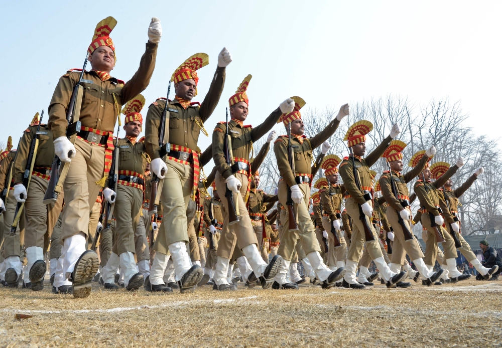 Indian Central Reserve Police Force (CRPF) personnel take part in a Republic Day parade in Srinagar on Friday. — AFP
