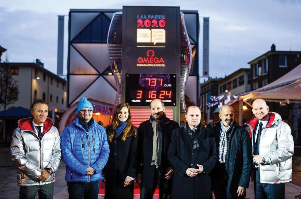 Raynald Aeschlimann, president and CEO of OMEGA, is joined by Patrick Baumann, Danka Bartekova, Gregoire Junod, Philippe Leuba, Ian Logan and Alain Zobrist in this group photo.