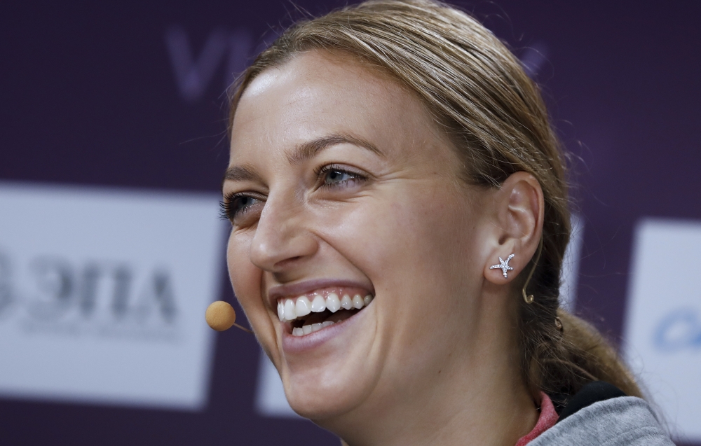 Petra Kvitova of the Czech Republic smiles during a news conference after beating Elena Vesnina of Russia during the St. Petersburg Ladies Trophy-2018 tennis tournament match in St.Petersburg, Russia, Wednesday. — AP
