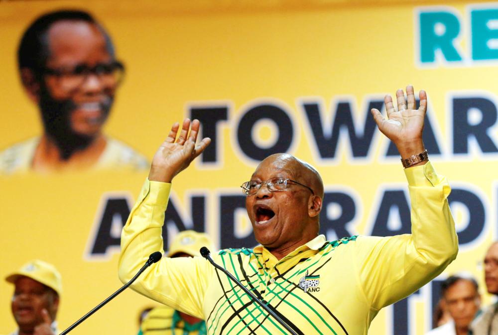 President of South Africa Jacob Zuma gestures during the 54th National Conference of the ruling African National Congress (ANC) at the Nasrec Expo Centre in Johannesburg, South Africa, in this Dec. 16, 2017 file photo. — Reuters