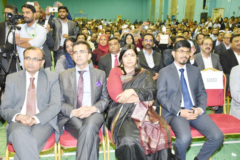 Indian External Affairs Minister Sushma Swaraj addressing the Indian community at the Indian International School Riyadh auditorium on Tuesday night.  — SG photos by  Mir Mohsin Ali