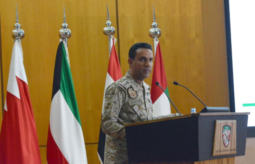 Col. Turki Al-Malki, spokesman of the coalition forces, addressing a press conference in Riyadh on Monday. — SPA