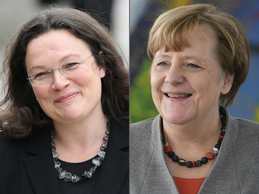 This combination of pictures created on Wednesday shows German Labour and Social Minister Andrea Nahles, left, and German Chancellor Angela Merkel. — AFP