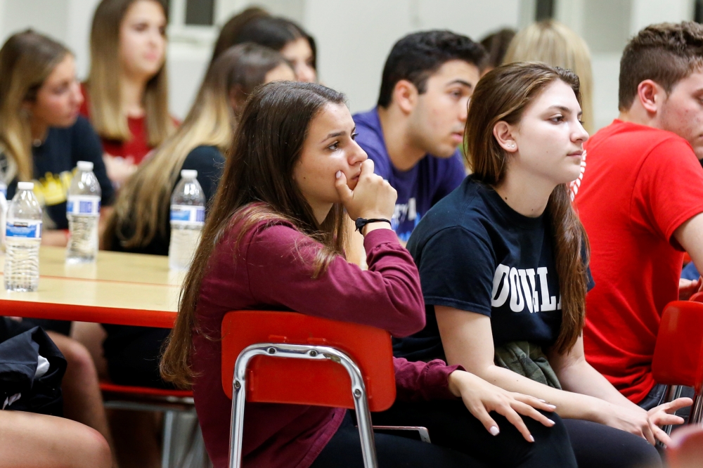 Students from Marjory Stoneman Douglas High School listen to a speaker at Leon High School instruct them on how to speak with Florida state legislators about strengthening gun control laws, following last week’s mass shooting on their campus, in Tallahassee, Florida, on Tuesday. — Reuters